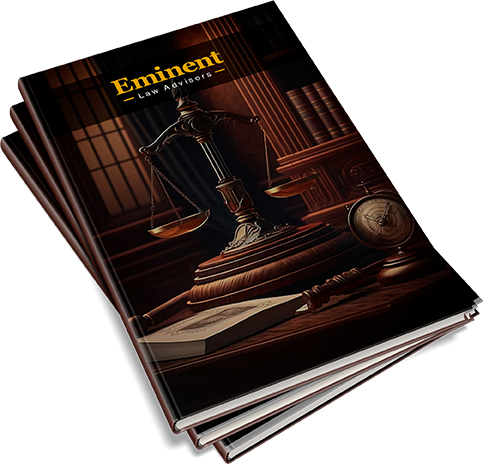 Eminent Law Advisors brochure featuring a classic legal scene with scales of justice, law books, and a gavel, symbolizing legal expertise and advisory services.