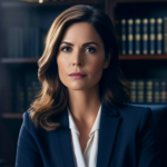 Professional woman in a navy suit, white blouse, and dark brown hair, exuding confidence in a law office setting. Ideal for legal, business, and corporate branding.