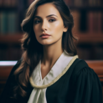 A poised female lawyer in a black robe and white collar, with long brown hair, stands in a library, exuding professionalism and intelligence.
